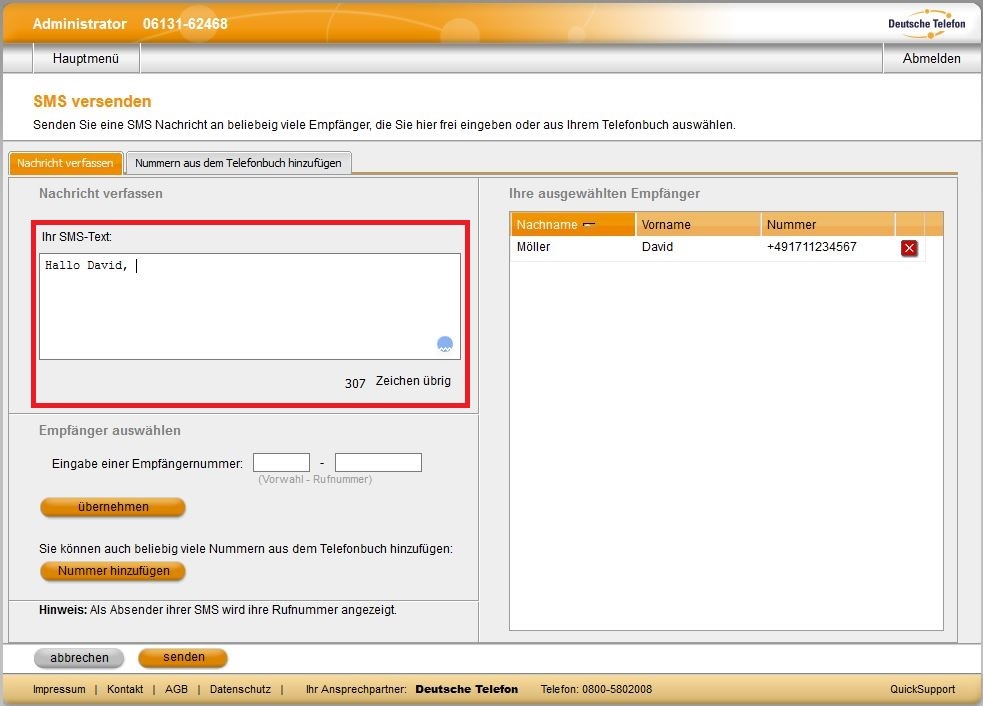SMS versenden OH 01 05 AD NU 08 Text eingeben 171216